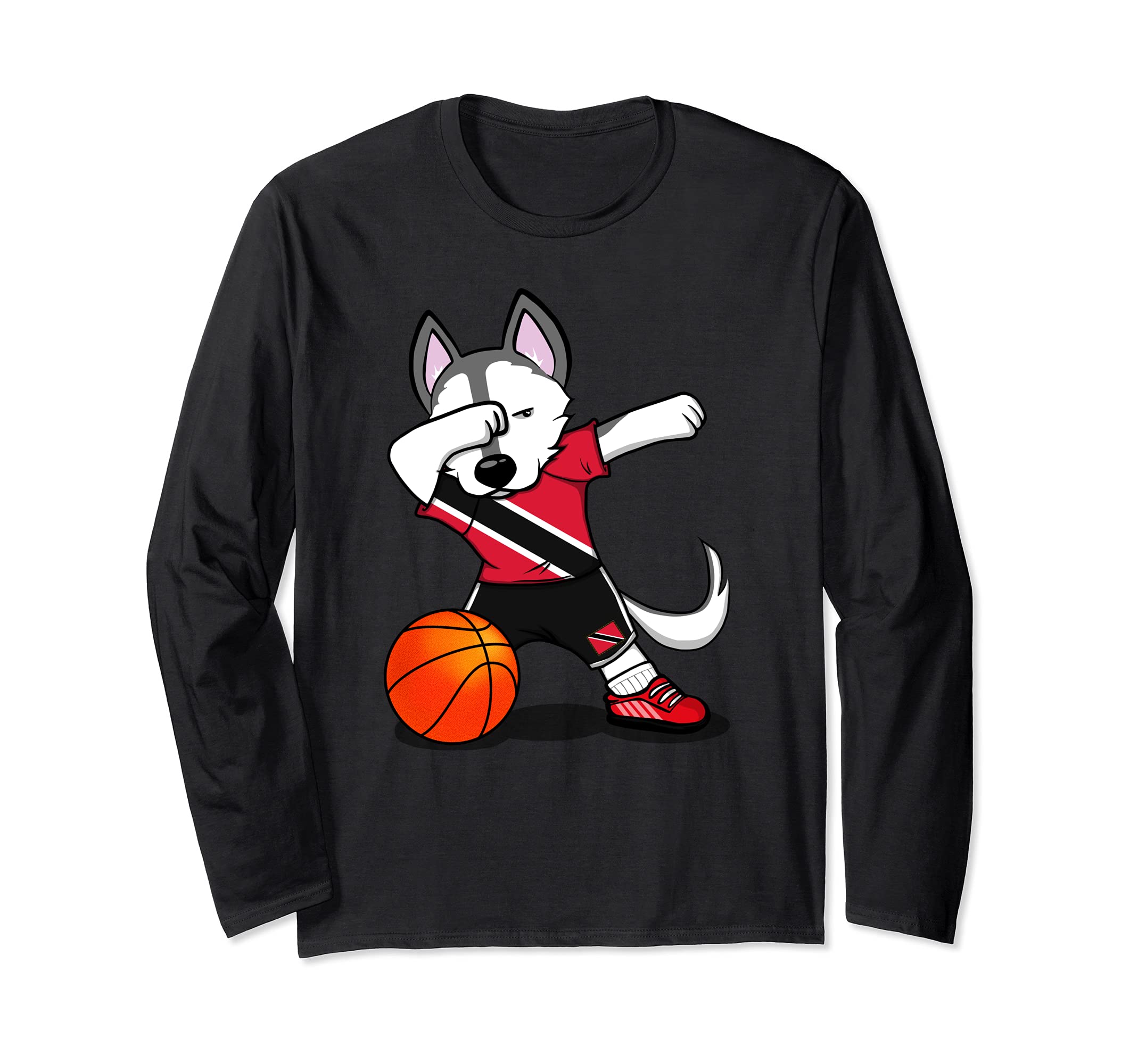 Dabbing Husky Trinidad and Tobago Basketball Fan Jersey Flag Long Sleeve T-Shirt