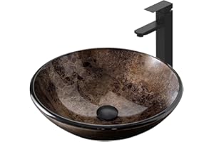 SOLIDEE Bathroom Artistic Vessel Sink, Tempered Glass Vanity Round Bowl with Black Faucet and Pop up drain Set, Brown