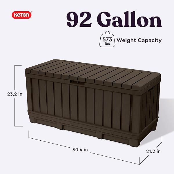 KETER KENTWOOD 92 GALLON RESIN DECK BOX-ORGANIZATION AND STORAGE FOR PATIO FURNITURE OUTDOOR CUSHIONS, THROW PILLOWS, GARDEN TOOLS AND POOL FLOATS, BROWN