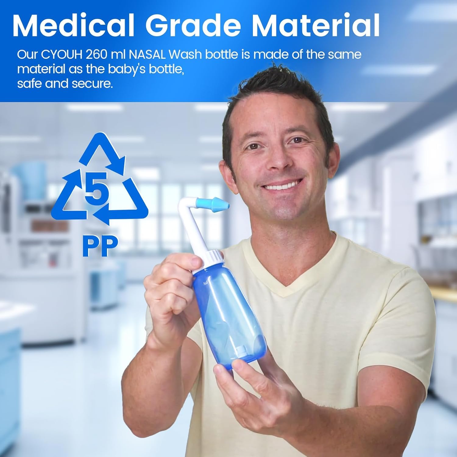 CYOUH Neti Pot Sinus Rinse Bottle 260 ML with 60 Nasal Wash Salt Packets and Sticker Thermometer Nose Wash Cleaner Pressure Rinse Nasal Irrigation for Adult & Kid BPA Free (Blue)