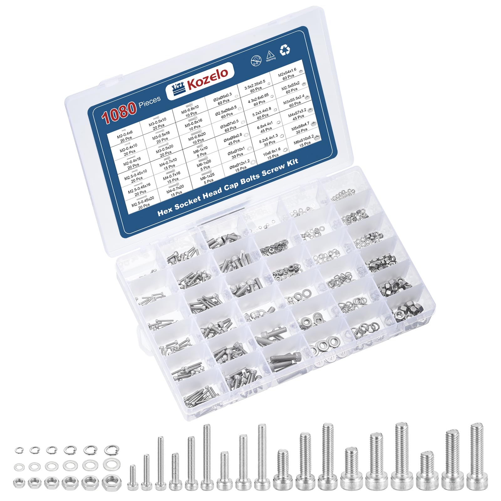 Kozelo 1080pcs Socket Head Cap Screws Bolts Nuts Assortment Kit - [M2/M2.5/M3/M4/M5/M6] 304 Stainless Steel Allen Socket Drive for 3D Printer