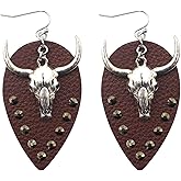 Western Cowboy Oxhead Leather Drop Earrings,Animal Bull Crystal Water Drop Leather Dangle Earrings Jewelry for Women