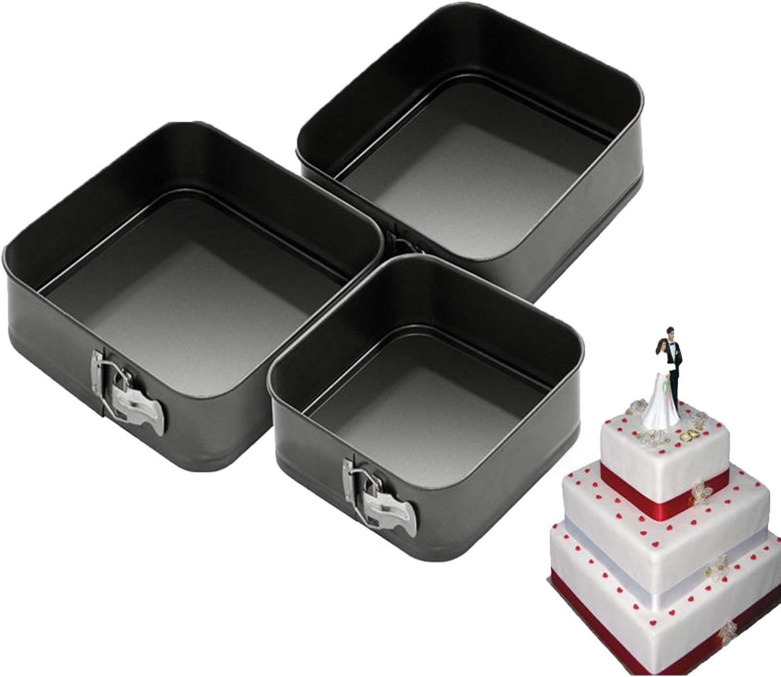 Aksans(TM) NON STICK 3 PACK SPRING FORM CAKE TINS BAKING CAKE SQUARE SHAPE SET WEDDING FUN
