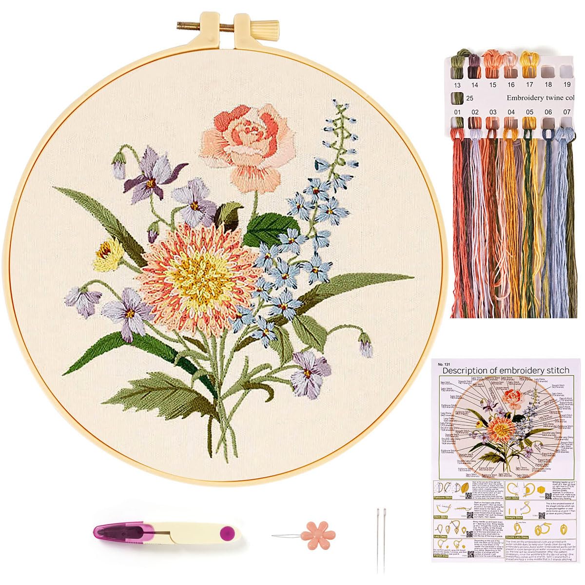 Embroidery Kit for Beginners, Stamped Full Range Embroidery Starter Kit with Flowers Pattern, Pre-Printed Cross Stitch Kits for Adults, Hand Embroidery Kit with Threads Needles Hoop and Instructions