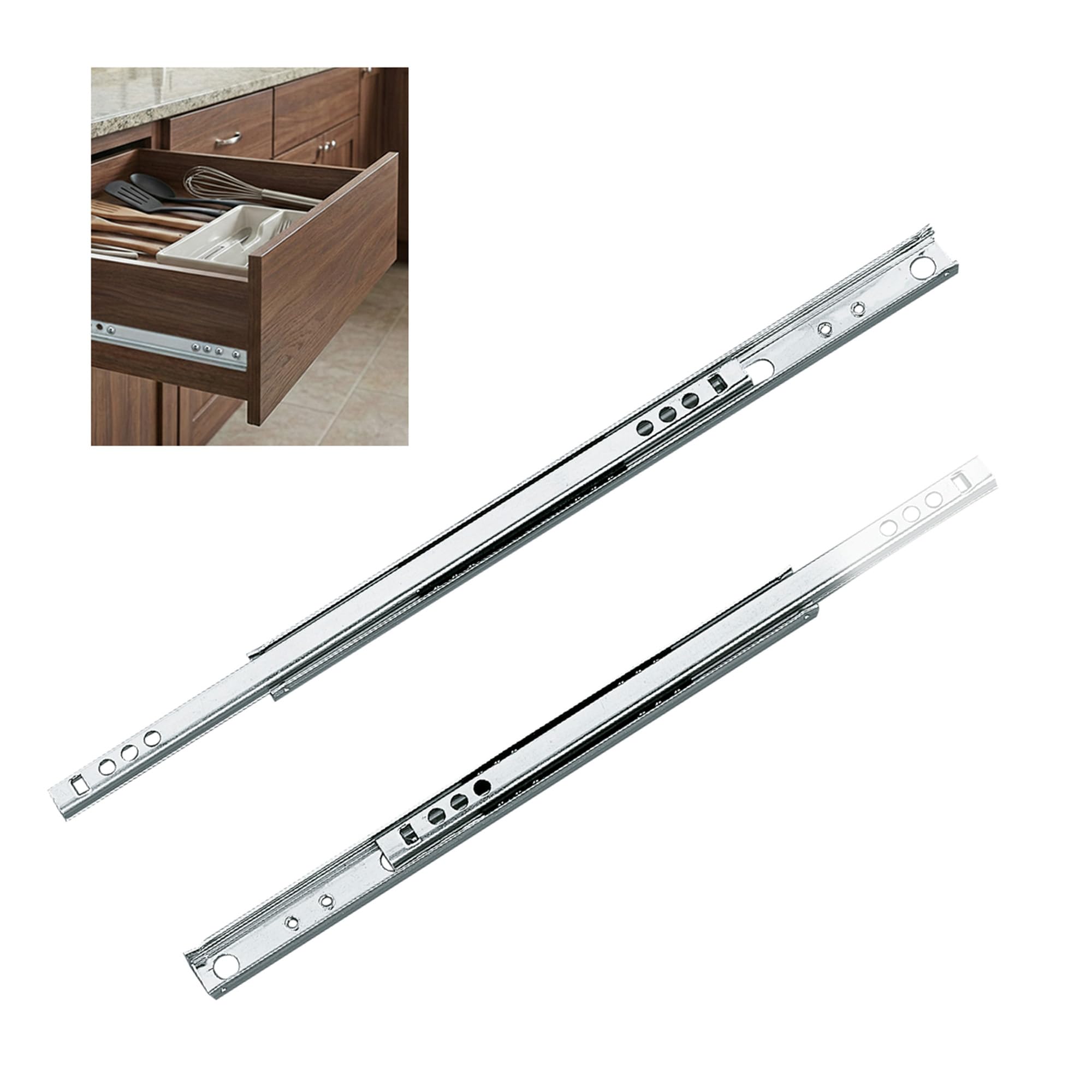 Amig Set of 2 Metal Sliding Actuators Mod.25 Galvanised Steel for Furniture Drawers, Partial Traction, Load Capacity: 15 kg/Pair, Silver, Dimensions: 310 x 17 mm