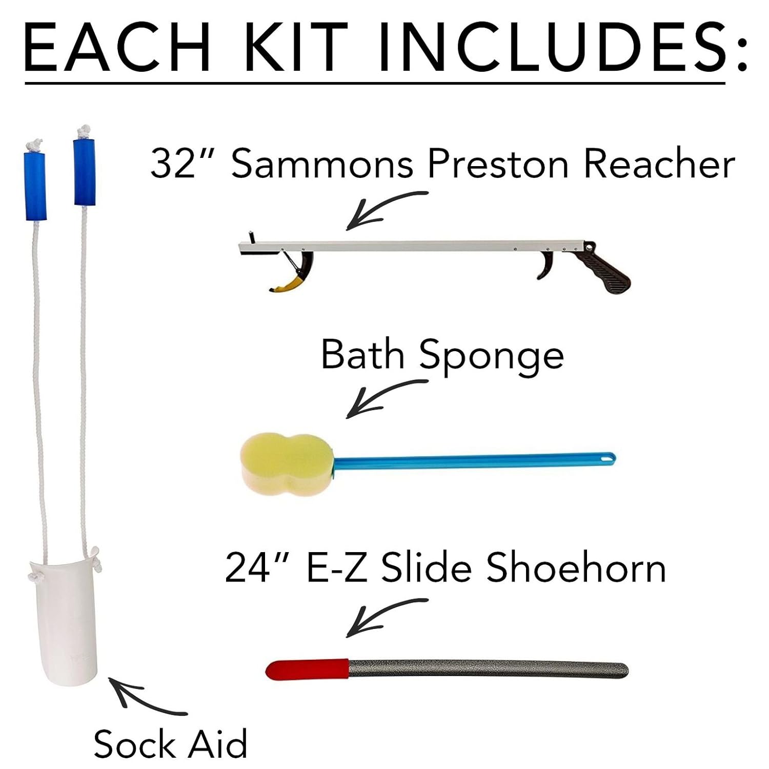 Sammons Preston Hip & Knee Care Kit, Recovery Kit for Hip or Knee Replacement Surgery, Assorted Daily Living Tools Including Sock Aid, Bendable Sponge, 24" EZ Slide Shoehorn, 32" Reacher Tool: Industrial & Scientific