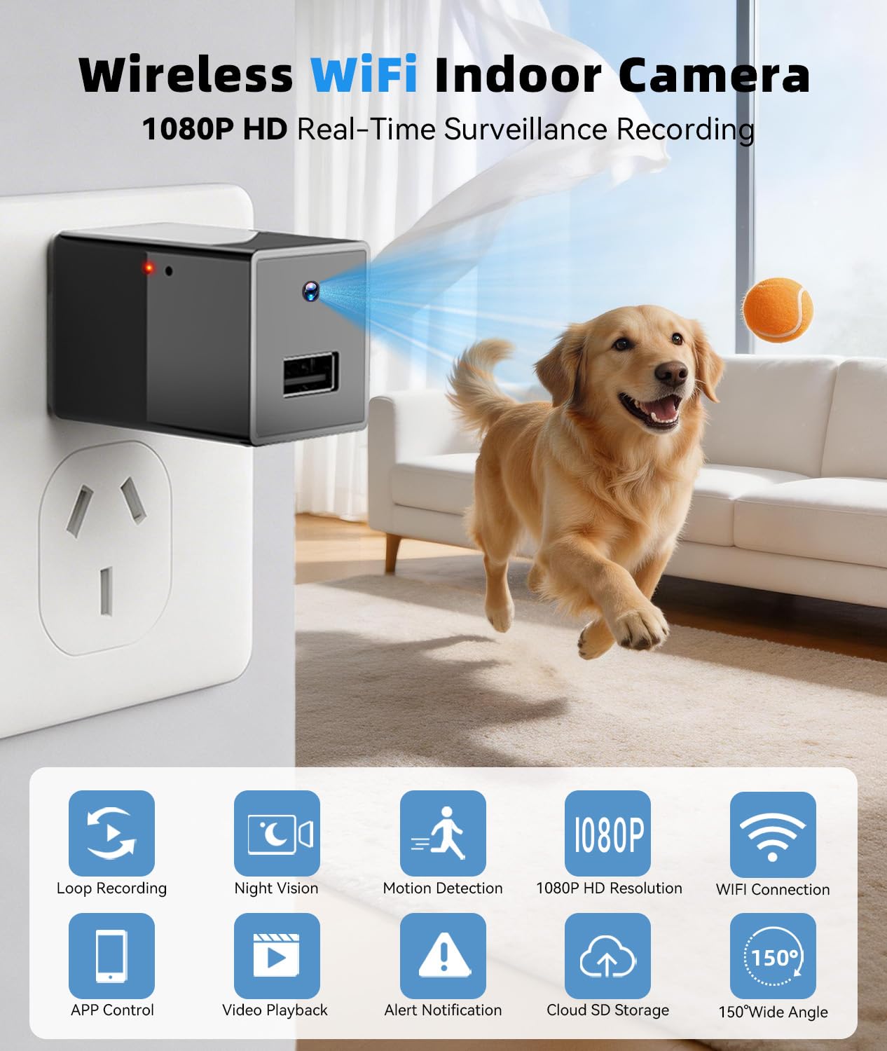 Condition photo showing New/Like New for 1080p hd wireless wifi camera charger for home with app control, motion detection, night vision & lo