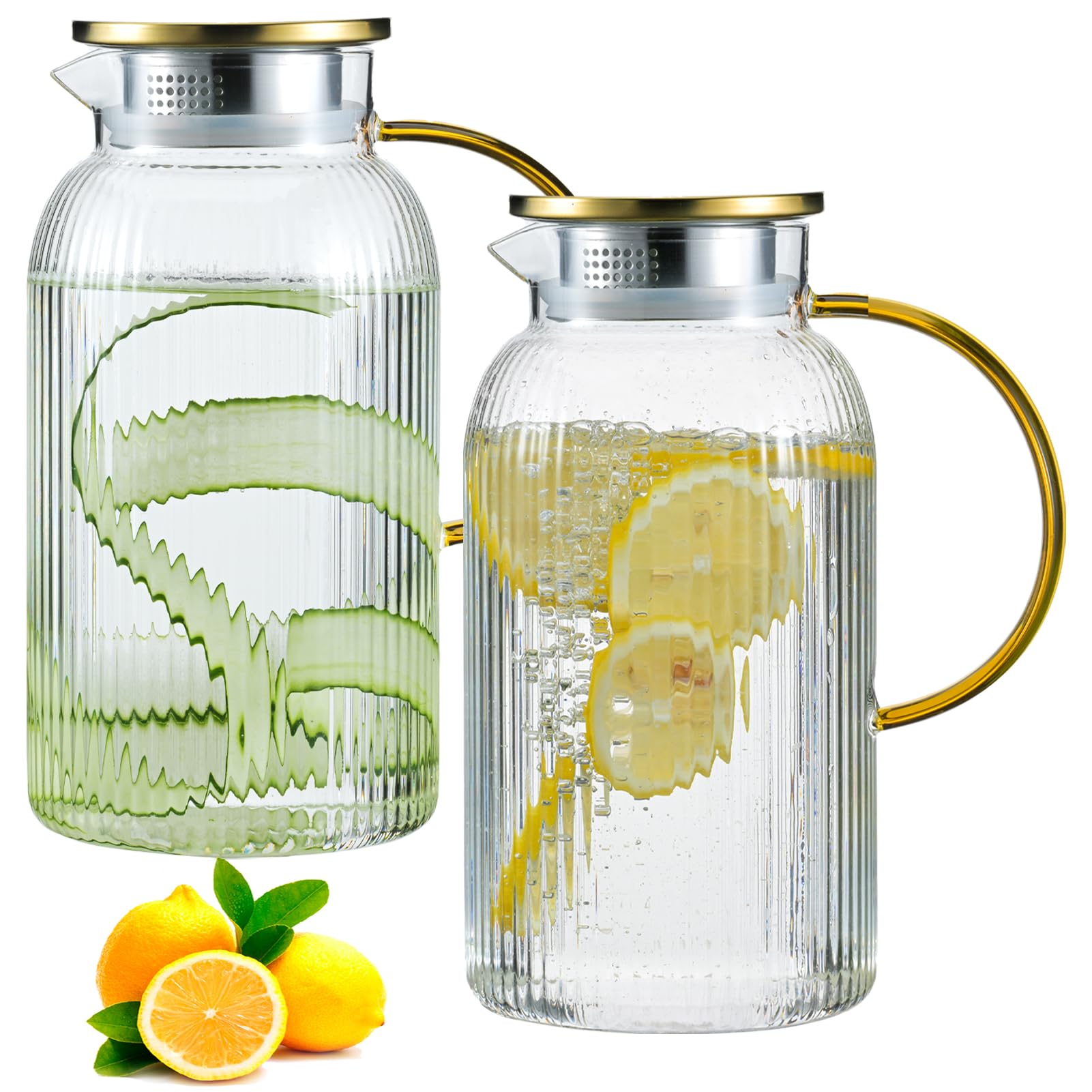 Photo 1 of 2 PACK Glass Pitcher with Lid and Handle,68 oz/ 2 Liter Vertical Stripes Water Pitcher,Glass Water Carafe for Fridge,Hand Blown Heat Resistant Borosilicate Water Jug for Hot/Cold Drinks