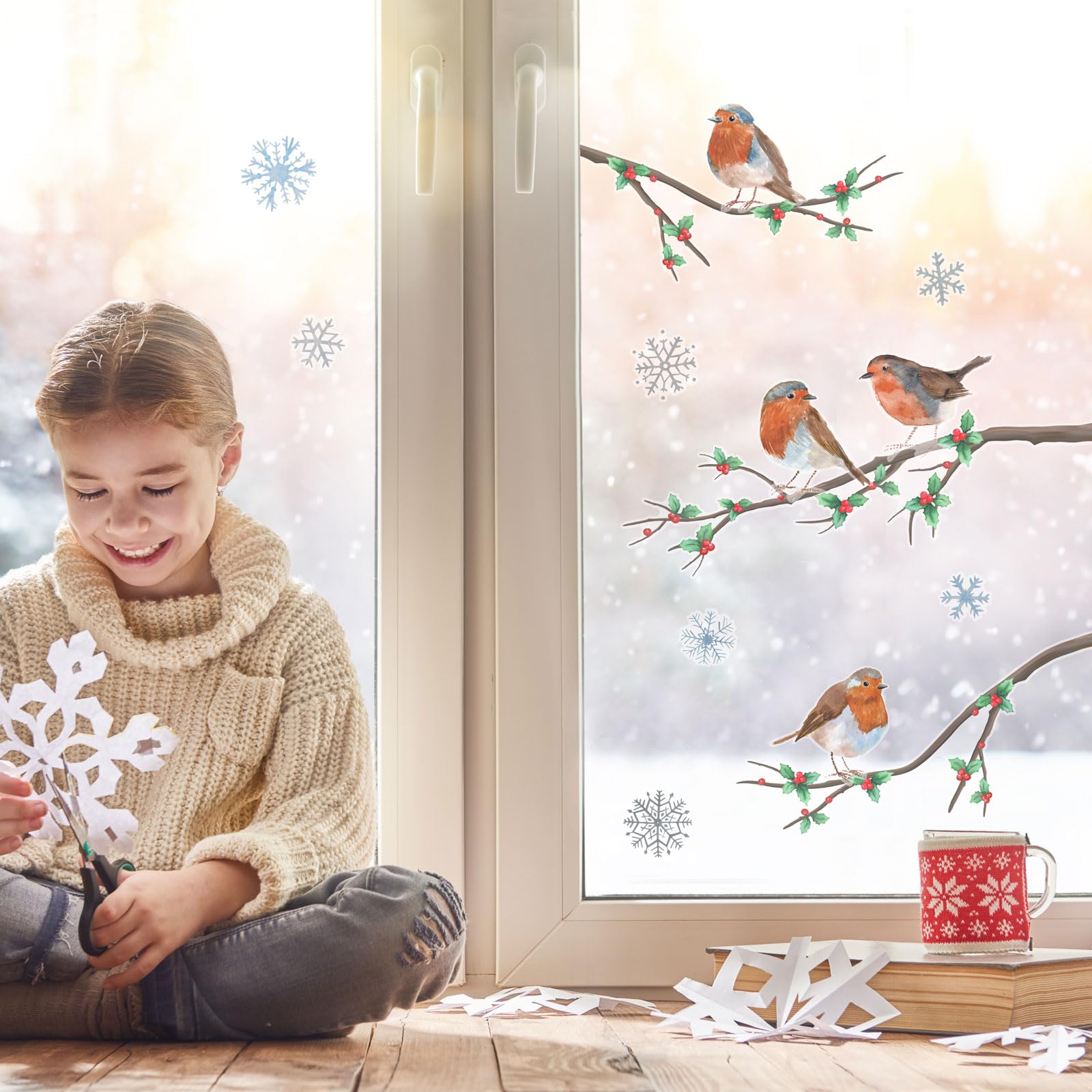 Stickerscape Christmas Window Stickers (Christmas Robins - Large) | Christmas Window Decorations to Create a Winter Themed Display | Reusable, Re-positionable and Cleanly Removable
