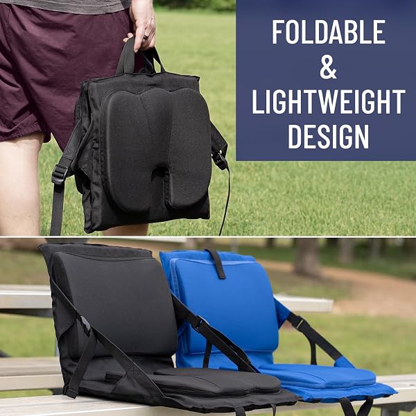 EVERLASTING COMFORT STADIUM SEATS WITH BACK SUPPORT – ADJUSTABLE MEMORY FOAM BLEACHER CHAIRS WITH BACK AND CUSHION, PORTABLE, EASY FOLDING STADIUM SEAT CUSHION WITH STORAGE POCKET