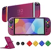 PlayVital Protective Case for Nintendo Switch 2 with Stand | Ultra-Slim Dockable Hard Shell, Split Joycon Cover, Button Caps & Thumb Grips | Clear Series, Clear Atomic Purple Rose
