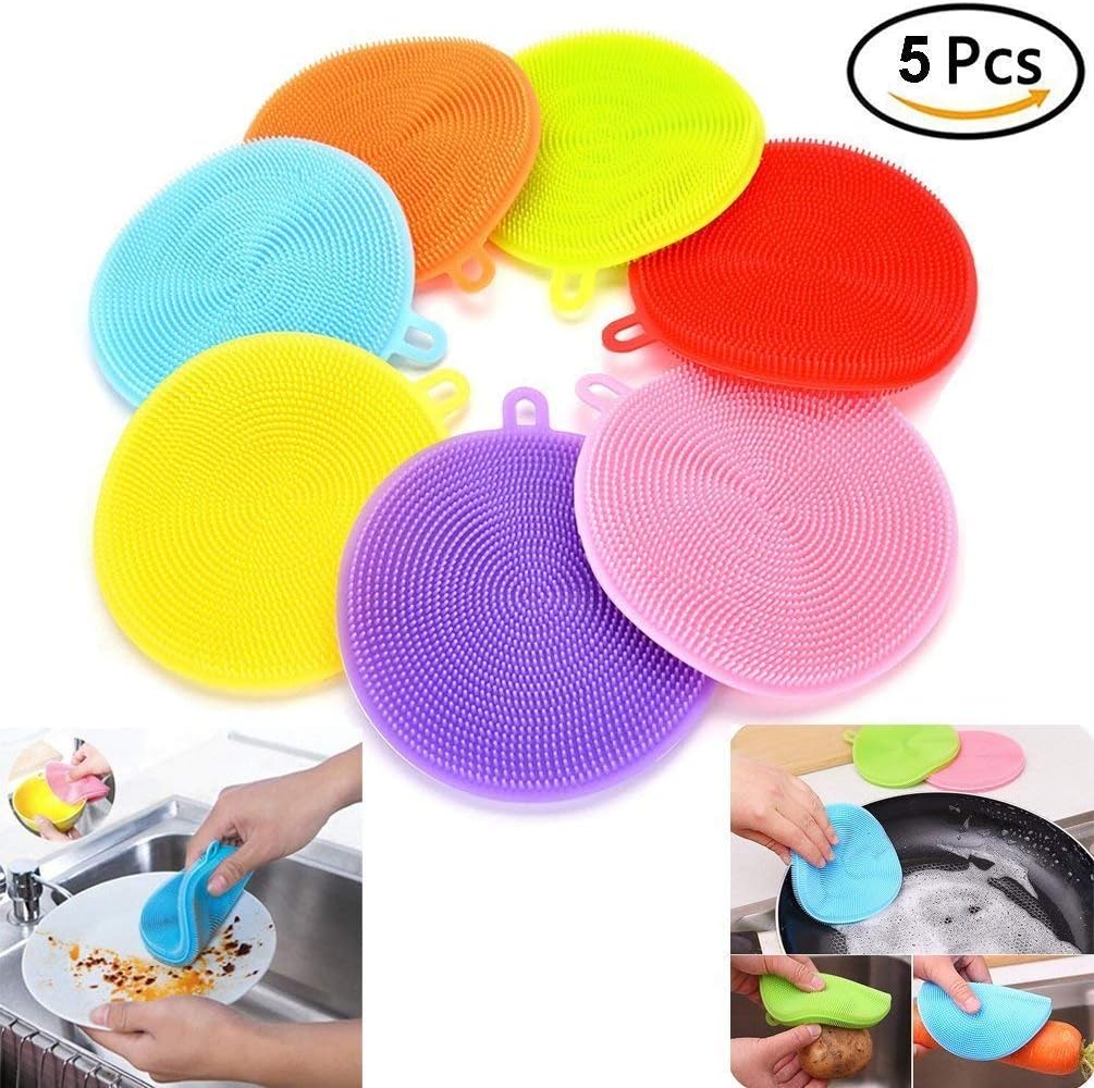Food-grade Silicone Dishwashing Brush Dish Towel Scrubber For Kitchen Wash Pot Pan Dish Bowl / Wash Fruit and Vegetable (5pcs Mix Color)