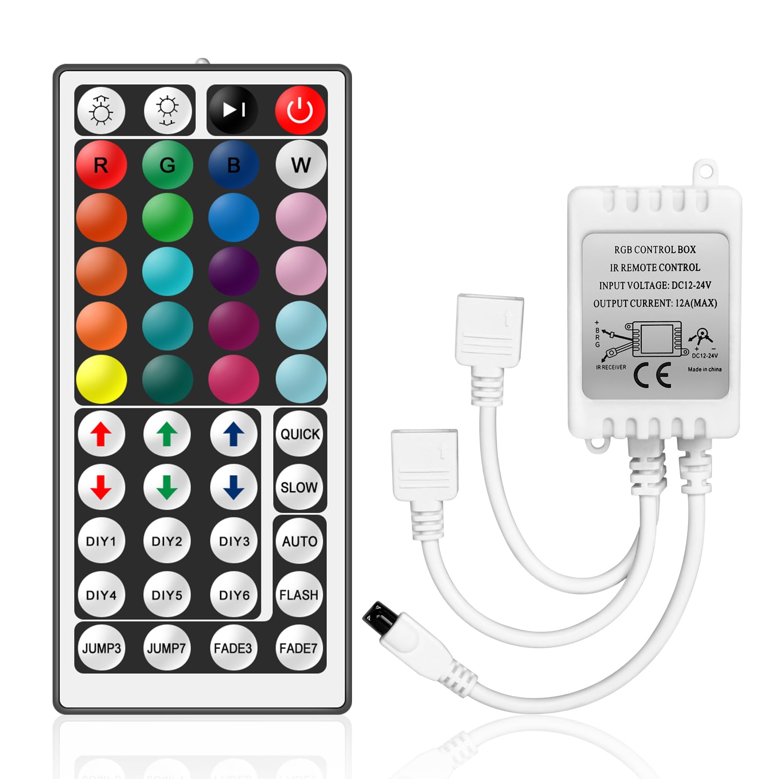 VIPMOON 44-Key LED Remote Controller DC 12V-24V 4 Pin 2 Ports RGB Controller Box Wireless IR Remote Controller with Receiver for RGB 3528 5050 2835 LED Strip Light - Dual Outputs