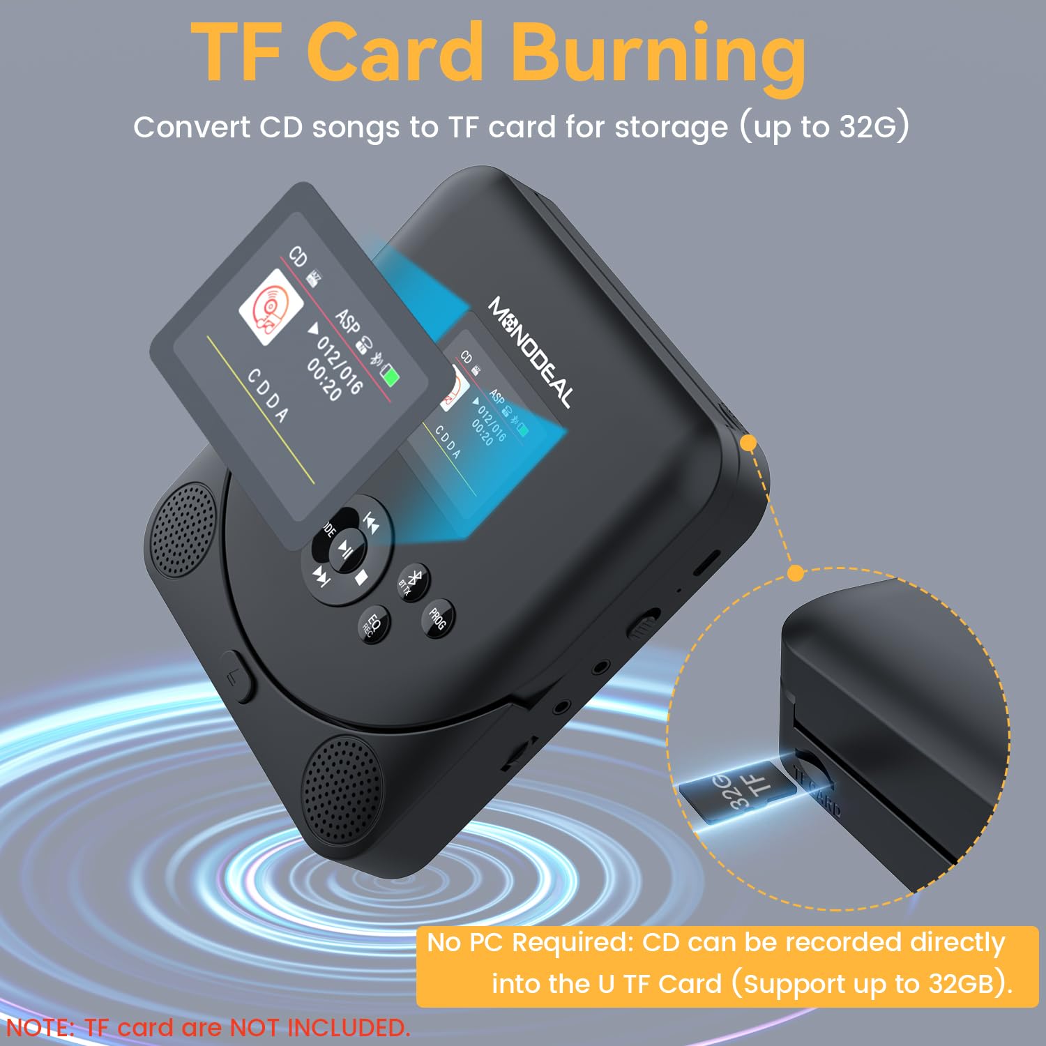 CD Player Portable,MONODEAL Bluetooth CD Player with Speakers and FM Transmitter,Support TF Card,Rechargeable Player for Car/Home with 2.0“ TFT Screen