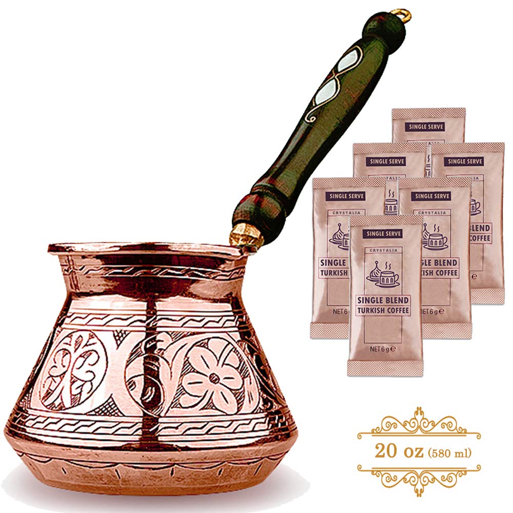 Turkish Coffee Pot, Greek Arabic Coffee Maker, Stove Top Thickest Solid Hammered and Engraved Copper Coffee Cezve with Premium Wooden Handle (20 fl oz)