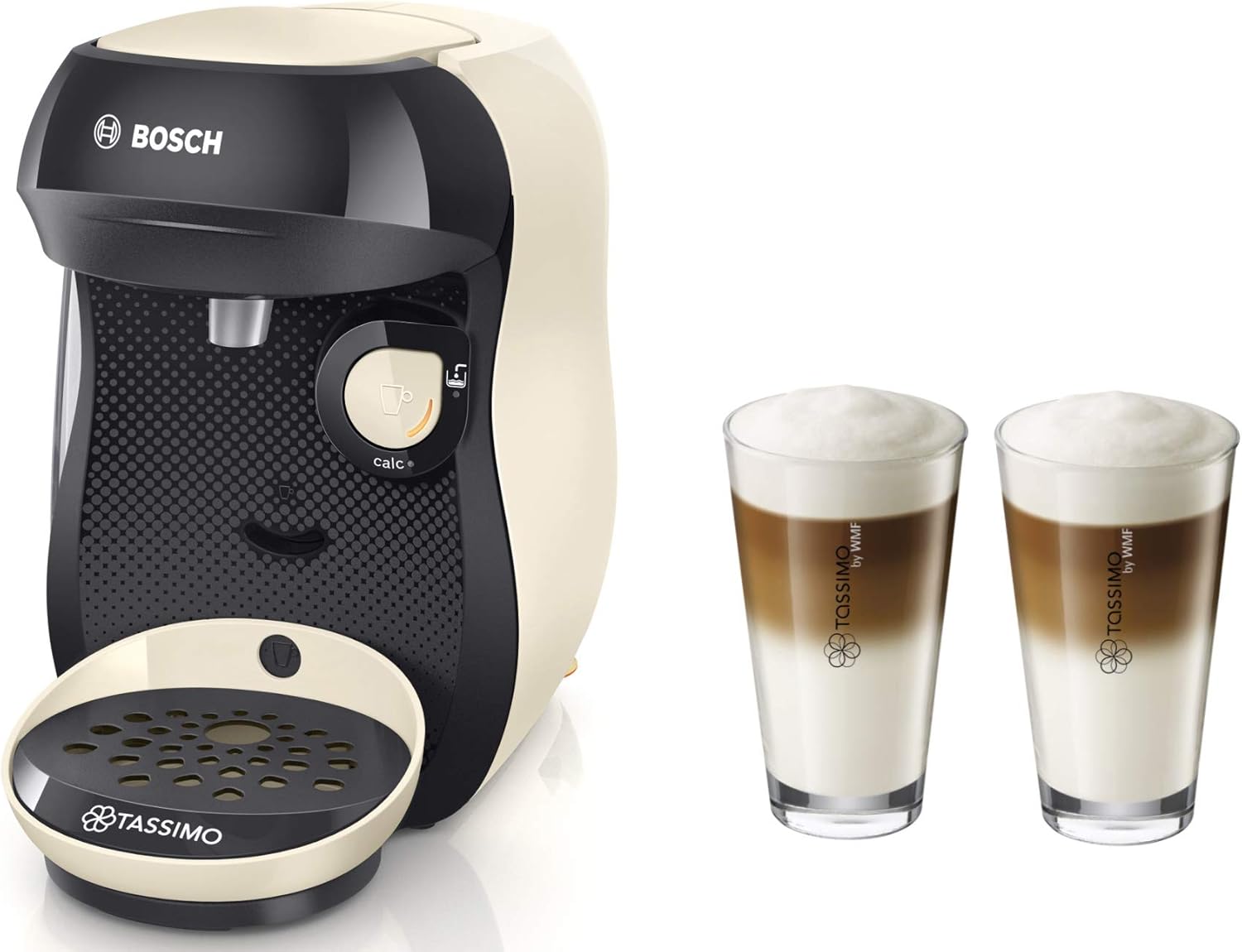 Bosch TASSIMO Happy + 20 EUR Gutscheine* + WMF Latte Macchiato Gläser Set Kaffeemaschine Kapselmaschine