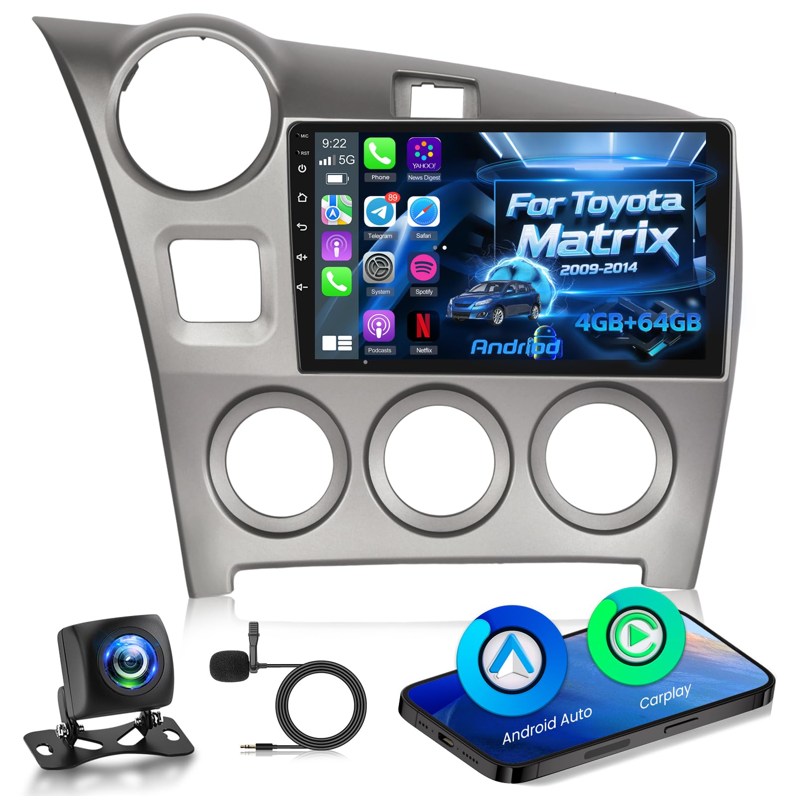 Photo 1 of [Qualcomm 8 Core 4+64G] Android 15 Car Radio for Toyota Matrix 2009-2014 - Wireless Carplay and Android Auto - 9 Inch 1280 * 720 IPS Touchscreen Car Stereo - DSP/GPS/WiFi/SWC + AHD Backup Camera