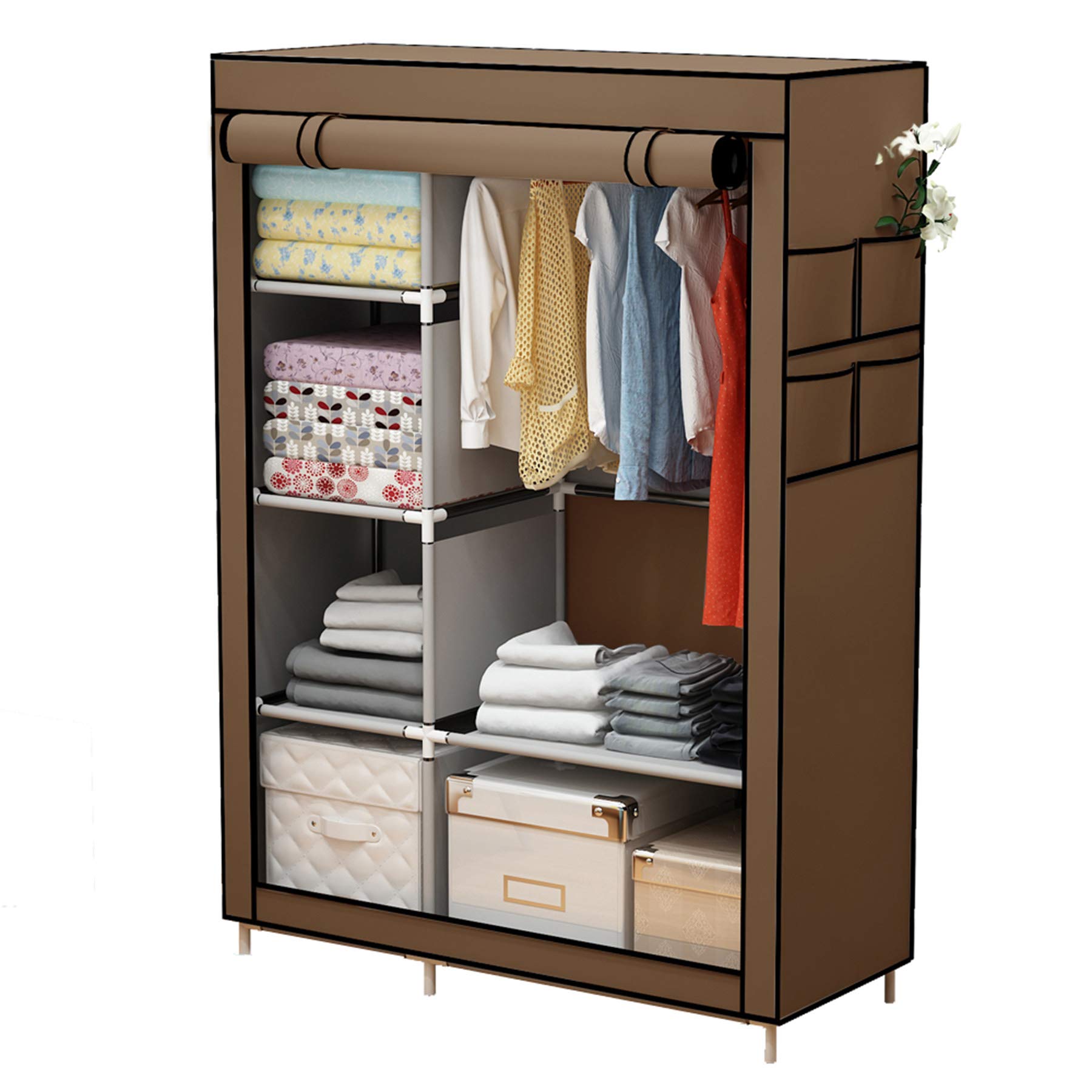 YAYI Canvas Wardrobe Portable Wardrobe Clothes Storage With 6 Shelves and Hanging Rail,Brown