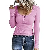 KINLONSAIR Women’s Long Sleeve Henley T Shirts Button Down Slim Fit Tops Scoop Neck Ribbed Knit Shirts