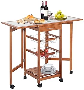 HOMCOM 37" Modern Wooden Drop Leaf Kitchen Island Rolling Cart with Basket Storage