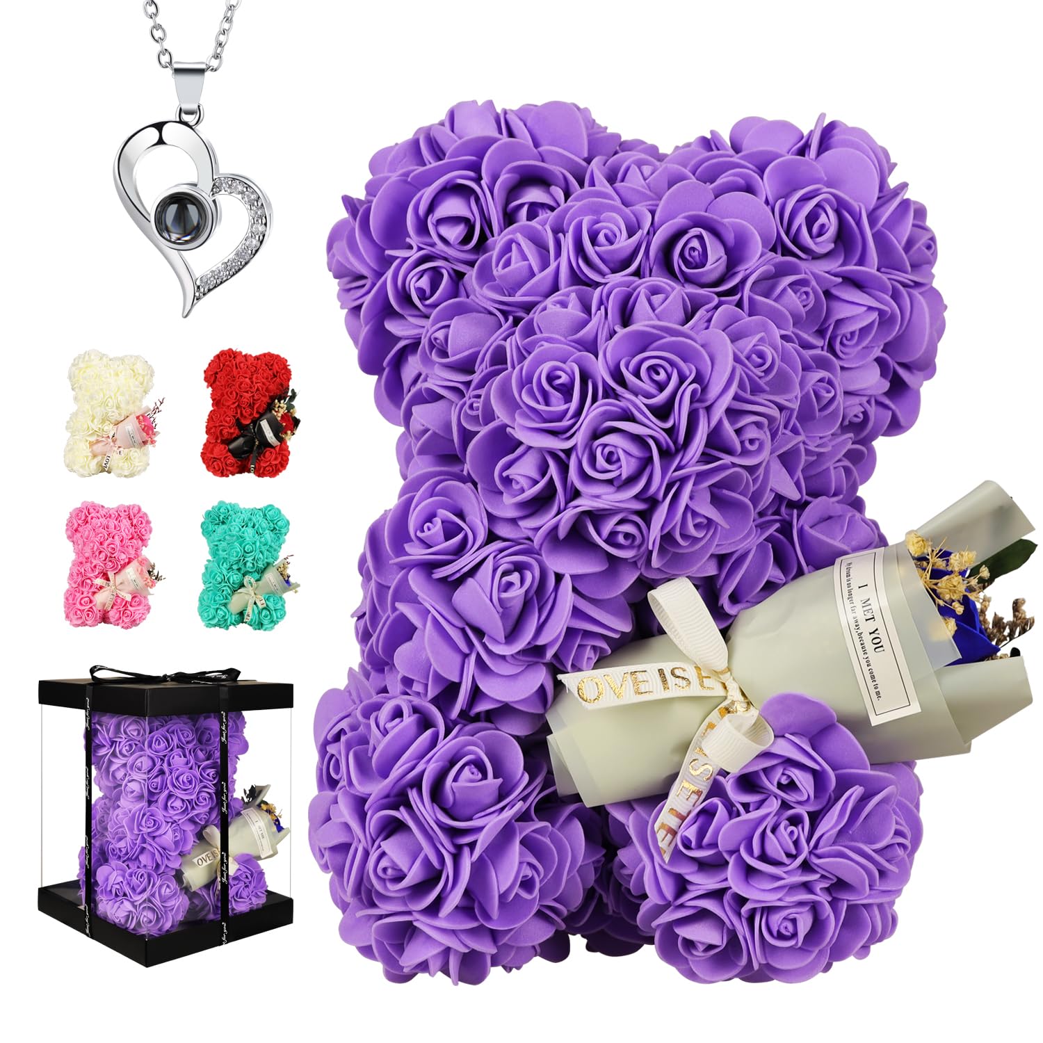 Mothers Day Rose Bear Gifts for Mum Nana Wife from Daughter Son husband, Rose Flower Bear Teddy flower Bear Anniversary Birthday Gifts for Wife/Mom/Girlfriend/Daughter, With I Love You Necklace