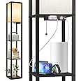 OUTON Floor Lamp with Shelves, LED Shelf Floor Lamp with 1 USB & 1 Type C Ports, 1 AC Outlet, 3 Color Temperature, Storage Display Wood Column Tall Standing Lamp for Living Room, Bedroom Office, Black