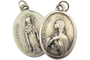 WJH Silver Toned Base Saint Monica with St Augustine Medal Pendant, 1 Inch