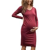SWEETBUMP Maternity Dress Long Sleeve V Neck Knit Ribbed Maternity Sweater Dress Bodycon Mid Pregnancy Dress for Baby Shower