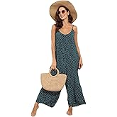 wexcen Jumpsuits for Women Floral Wide Leg Spaghetti Strap Sleeveless Casual Loose Ethnic Long Rompers with Pockets