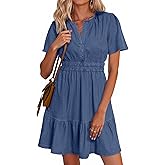 Simplee Womens Summer Denim Dress Casual Short Sleeve Mini Dress Boho Beach Flowy Tiered Short Jean Dresses with Pockets