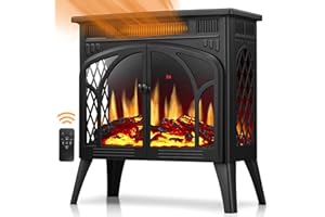 Joy Pebble Electric Fireplace Stove Heater, Freestanding Electric Fireplace, Fireplace Heater with 3D Logs and Realistic Flame,Adjustable Brightness and Color, 5100btu Max 1500w,Black