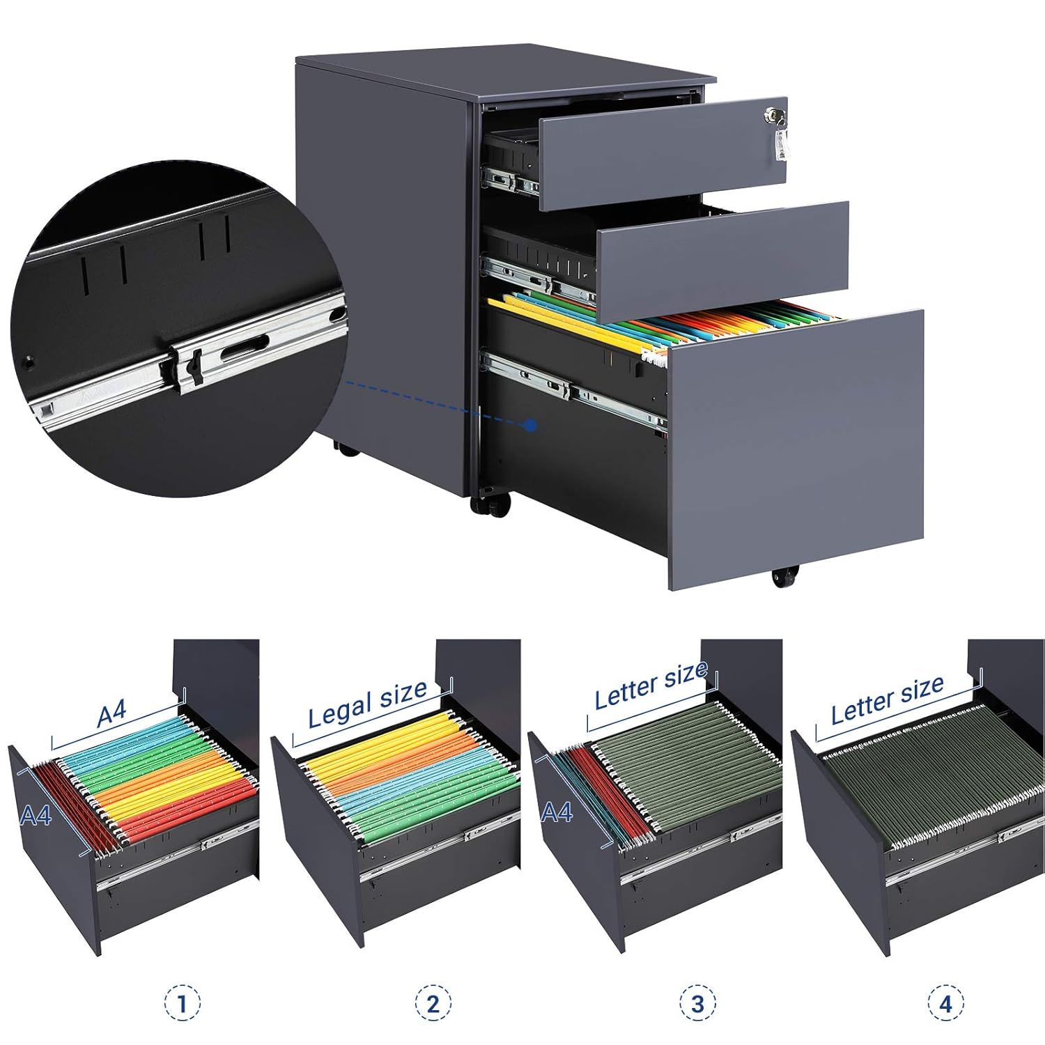 Songmics Mobile File Cabinet With 3 Drawers For Documents Gray Uofc60gb Stationery Lockable Steel Pedestal With Hanging File Rails Pre Assembled Office Products Cabinets Racks Shelves