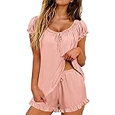 LOMON Womens Pajama Set 2 Piece Smocked Sleeve Top and Ruffle Shorts with Pocket Sleepwear Bridal Pj Sets for Party
