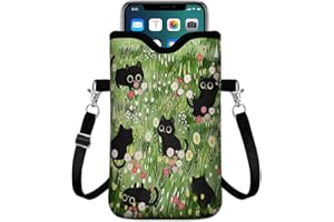 GEGEPINK Universal Phone Sleeve Pouch with Crossbody Strap 7.6 X 4.3 Inches Shockproof Water Resistant Mobile Protection Bag-Black Cat Floral Neoprene Phone Pouch Bag