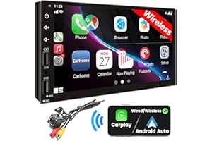LEADFAN Double Din Car Stereo with Wireless Apple CarPlay & Android Auto, 7inch Touchscreen Car Audio Receiver, Wireless Car Radio with Bluetooth, Backup Camera/Mirrorlink/FM/SWC/Subwoofer/2 USB/AUX Input