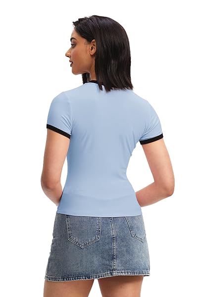 WOSALBA WOMENS FASHION SHORT SLEEVE CREW NECK SLIM FIT GO TO SHIRT COLOR BLOCK TEE Y2K CROP TOP (M, BLUE)