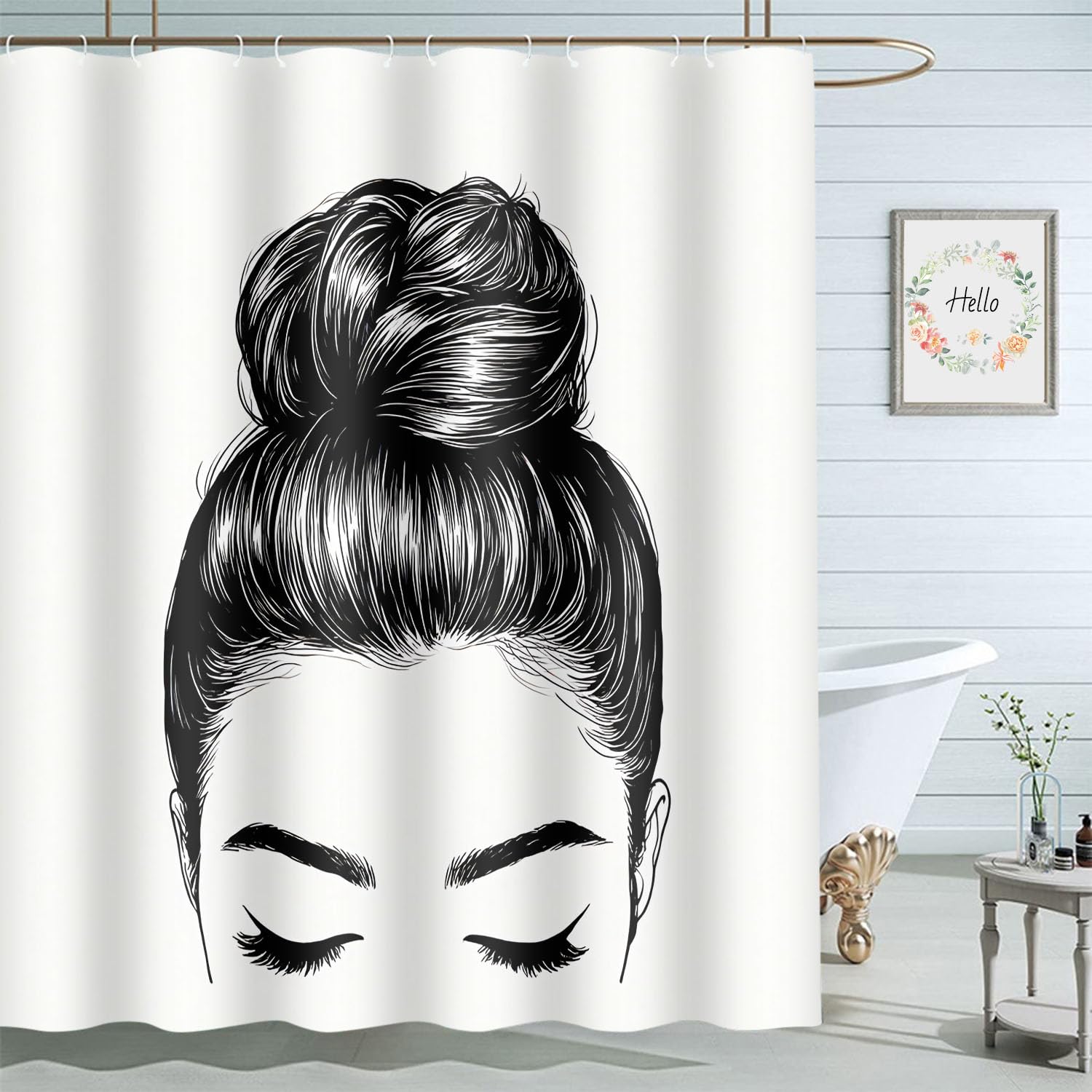 Moslion Girl Bath Shower Curtain Set Sketch of Woman Fashion Bun Perfect Eyebrow Eyelash Shower Curtains Home Decorative Extra Long Polyester Fabric Shower Curtain with Hooks 72x72 Inch Black White