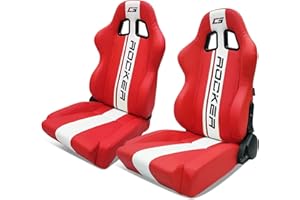 IKON MOTORSPORTS, Universal Racing Seats with Dual Sliders, Reclinable Red PU Leather White Stripe Sport Bucket Seats, 1 Pair Driver + Passenger Side, (Flat Style)