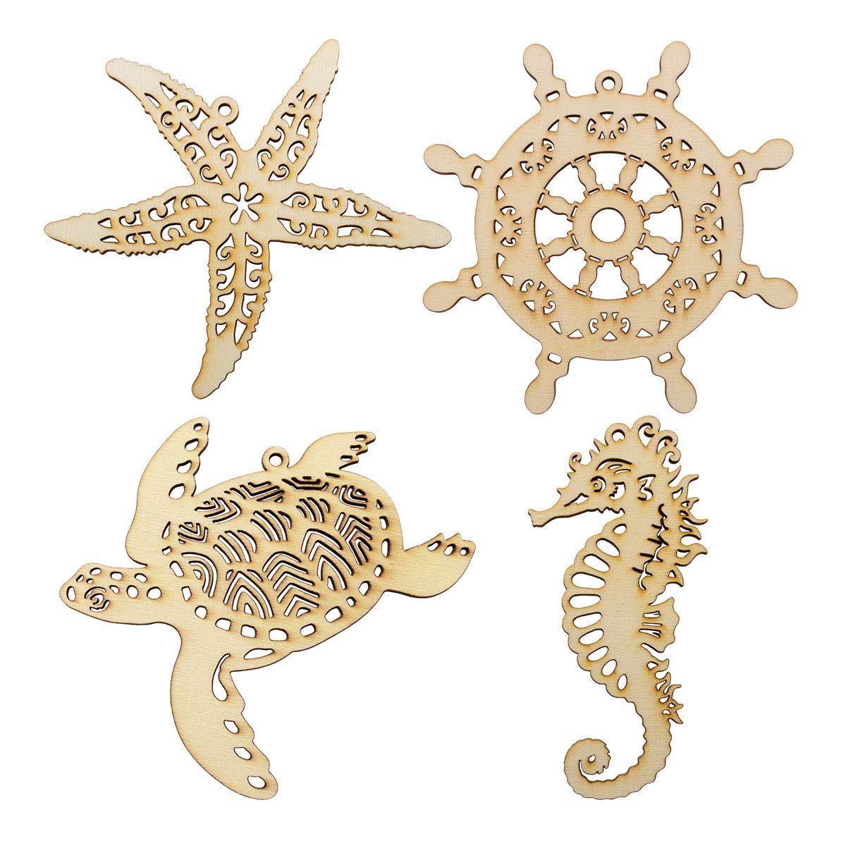 Summer-Ray 12 Wooden Sea Theme Laser Cutout DIY Craft Party Decoration Room Decoration Seahorse, Helm, Sea Turtle, Starfish