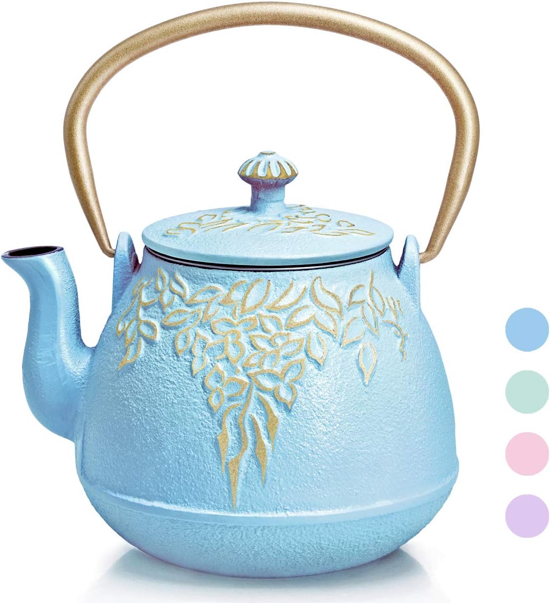 Teapot,Japanese Cast Iron Tea Kettle with Stainless Steel Infuser, Cast Iron Teapot,Leaf Design Teapot Coated with Enameled Interior for 32 Ounce,Ocean Blue