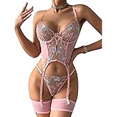 Sexy Lingerie Sets for Women Classy,Lace Womens Corset Teddy Lingerie 3 Piece with Garter Belt