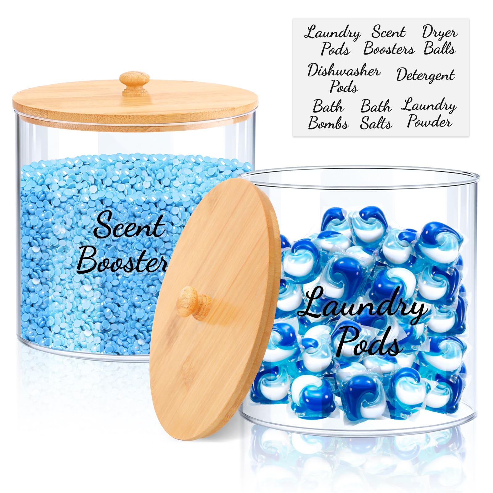 TCJJ 2pcs Laundry Storage Containers With Labels,High-Capacity Plastic Washing Powder Storage,Bathroom Laundry Pod Storage Container With Bamboo Lid,For Washing Pods,Bath Bombs,Scent Booster