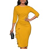 Yajedo Church Dresses for Women 3/4 Sleeve Bodycon Ruffle Vintage Wear to Work Pencil Midi Dress