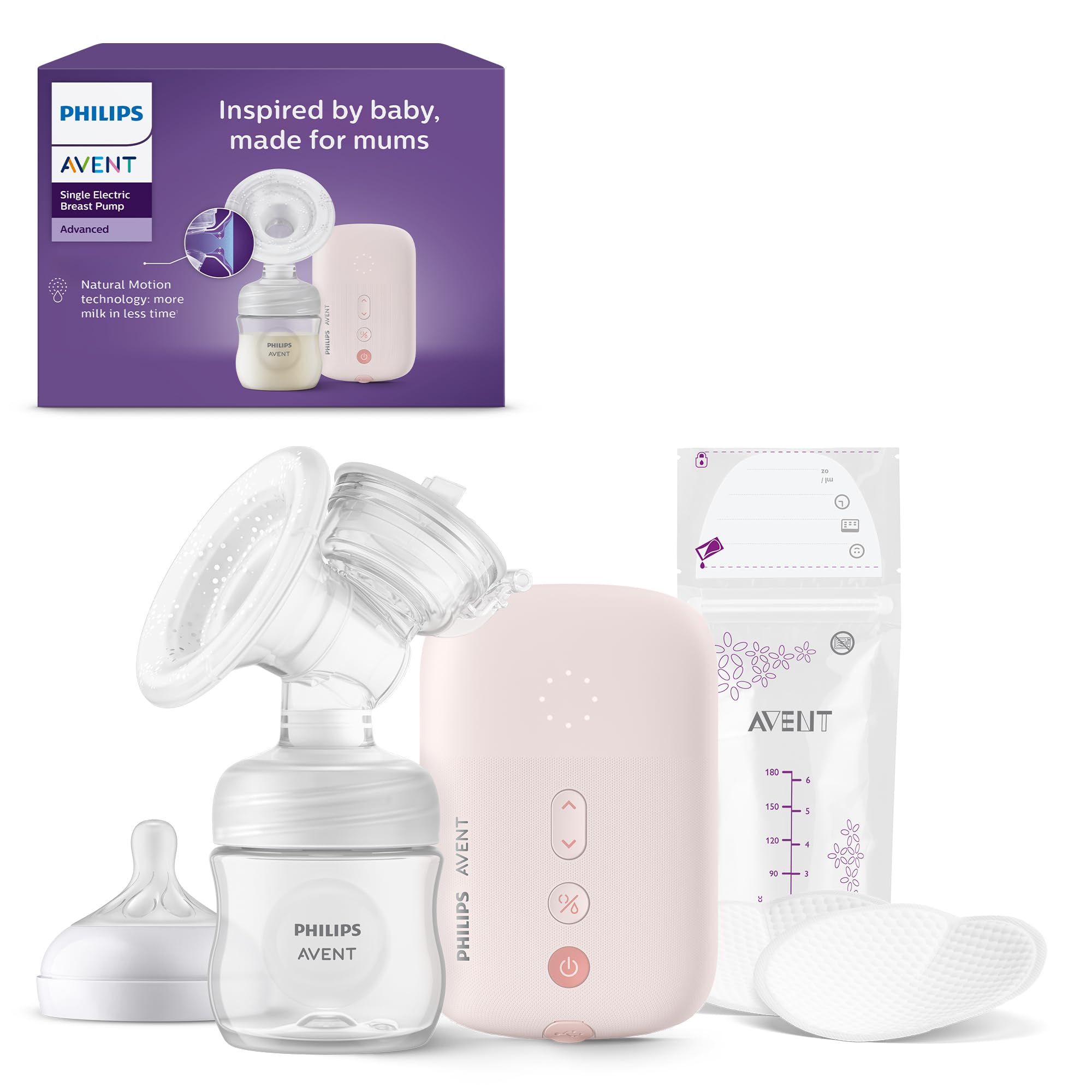 Philips Avent - Tire-lait électrique simple, Qualité hospitalière, Rythme similaire à celui de votre bébé, Biberon de 125 ml et coussinets d'allaitement inclus, modèle SCF395/31