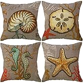 ULOVE LOVE YOURSELF Beach Pillow Covers 4Pack Grey Gold Seahorse Starfish Sand Dollar Shell Nautical Throw Pillowcases Sea Theme Coastal Rustic Cushion Cover 18 x 18 inch