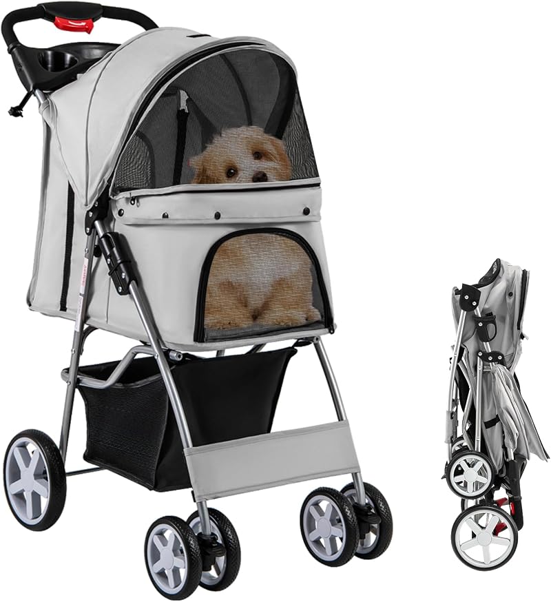 Maxmass Travel Pet Stroller Foldable 4 Wheels Grey with Storage Basket