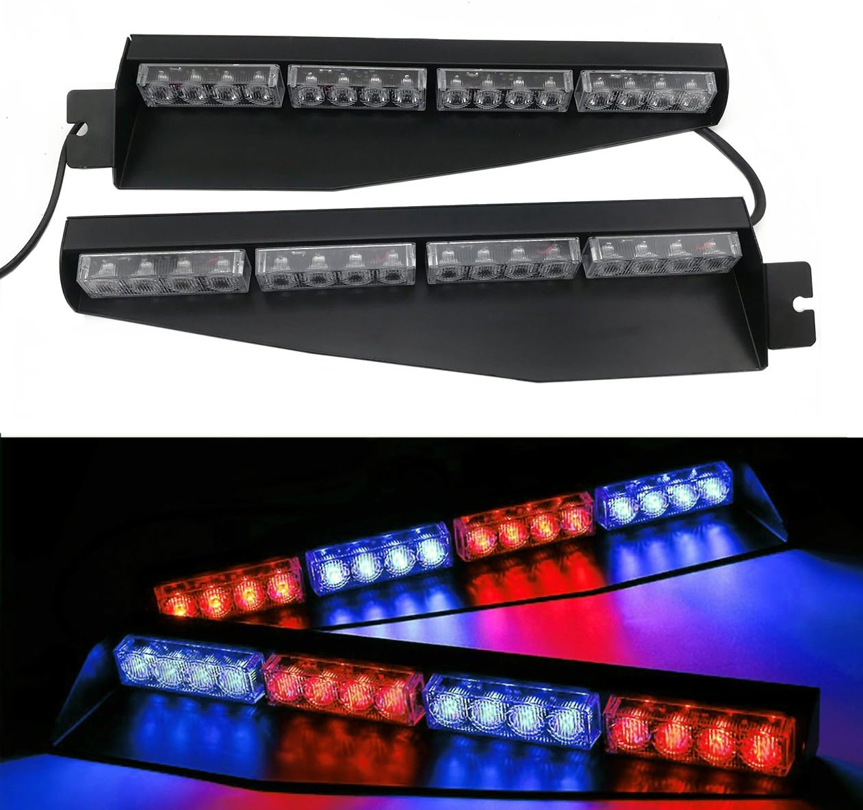 32LED 32W LED Lightbar Visor Light Windshield Emergency Hazard Warning Strobe Beacon Split Mount Deck Dash Lamp (Red and Blue)