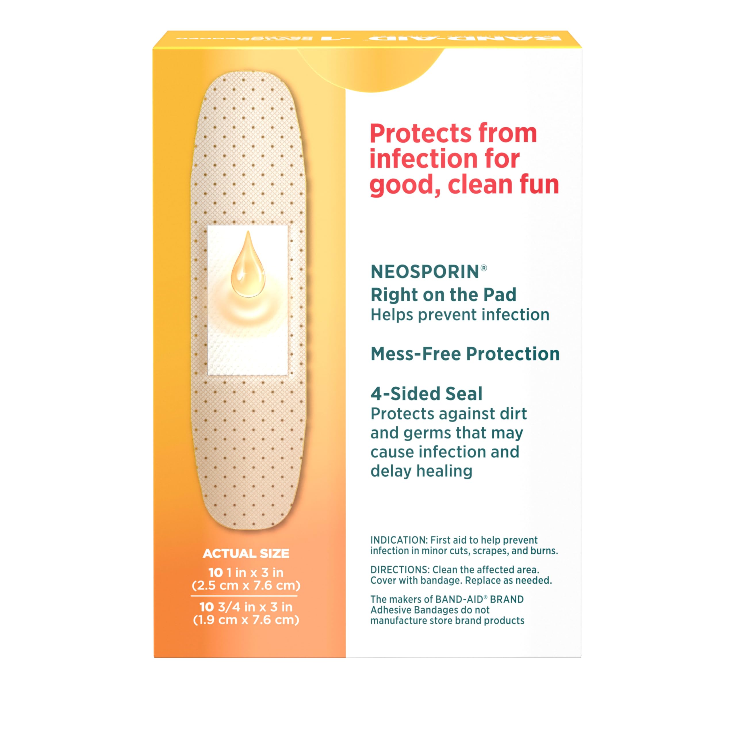 Band-Aid Brand Adhesive Bandages Infection Defense with Neosporin Antibiotic Ointment, Pack of Assorted Sizes, for Wound Care and First Aid, 20 ct