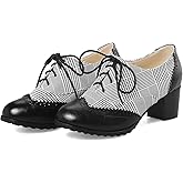 SHEMEE Women's Retro Wingtip Block Heel Lace Up Oxfords Stacked Chunky High Heels Pumps Vintage Round Toe Brogues Dress Shoes