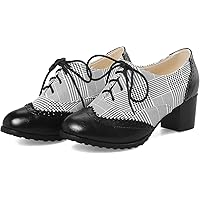 LUXMAX Women's Plaid Wingtip Oxford Shoes - Lace-Up Block Heel Pumps